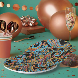 Himmelblau und Herbstorange Vintage Paisley Pappteller