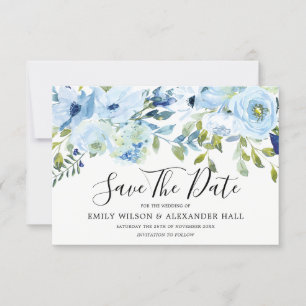 Himmelblaue Aquarellblumen Moderne Hochzeit Save The Date