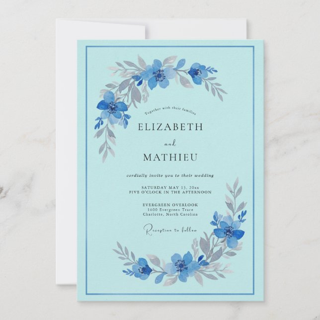 Himmelblaue Blumenbogenhochzeit Einladung (Vorderseite)