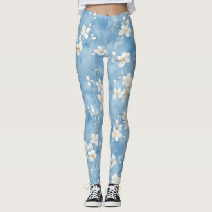 Himmelblaue hübsche weiße Blumen Leggings