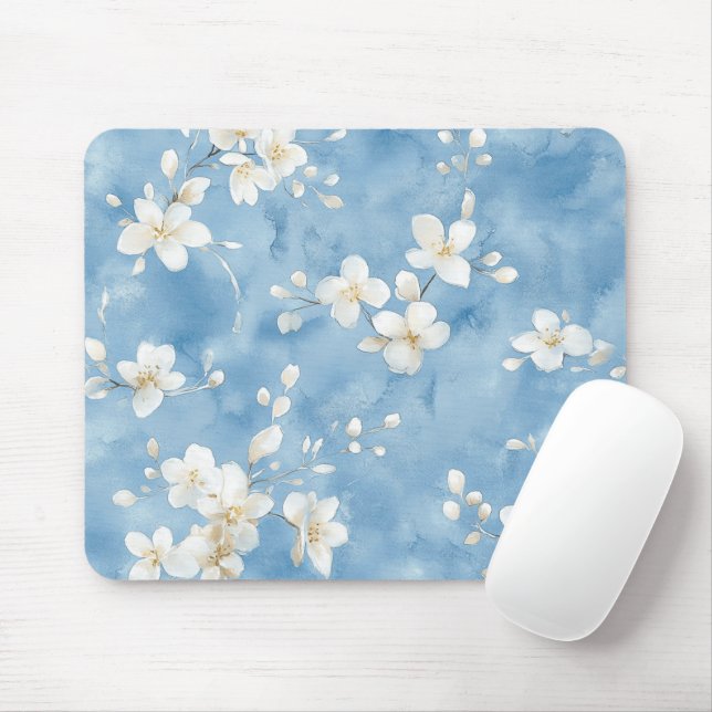 Himmelblaue hübsche weiße Blumen Mousepad (Mit Mouse)
