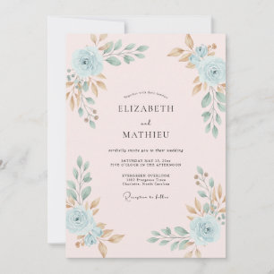 Himmelblaue Pfirsich-Laub-Eukalyptus-Hochzeit Einladung