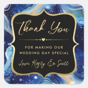 Himmelblauer Achat mit Gold & Blau Hochzeit Quadratischer Aufkleber