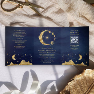 Himmelblauer Goldener Halbmond Phasen Hochzeit Dreifach Gefaltete Einladung