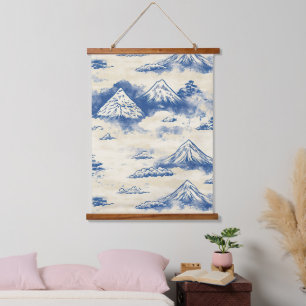 Himmelblaues alpines Bergwasserfarbenmotiv Wandteppich Mit Holzrahmen