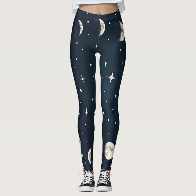Himmelmondphasen in Silber auf der Marine Leggings (Vorderseite)