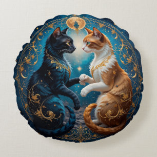 Himmels Katzen in kosmischer Kunst mit Gold und Bl Rundes Kissen
