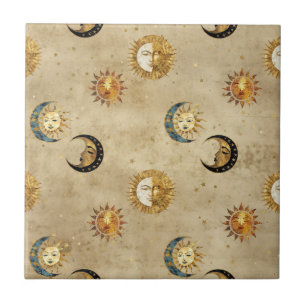 Himmels-Sonne & Mond Gold Sternennacht-Muster (4) Fliese