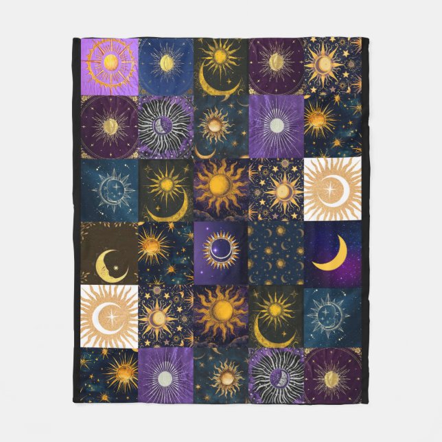 Himmels-Sonne-Mondphasen-Patchwork-Boho-Mystisch Fleecedecke (Vorderseite)