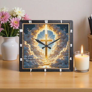 Himmels-Tor Goldenes Kreuz Strahlende Offenbarung  Quadratische Wanduhr