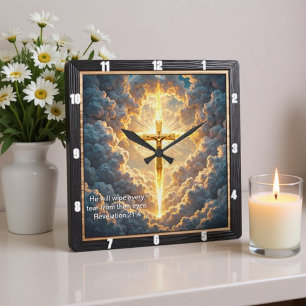 Himmels Tor Goldenes Kruzifix Jesus Offenbarung 21 Quadratische Wanduhr
