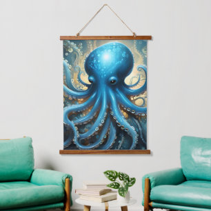 Himmels Wellen: Die Blaue Oktopus-Fraktalkunst Wandteppich Mit Holzrahmen