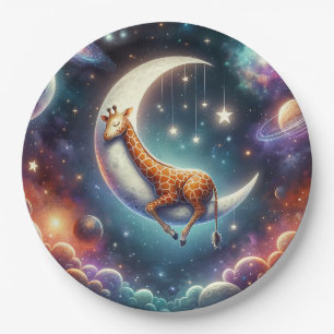 Himmelsbaby-Giraffe schlafend auf Mond und Sternen Pappteller