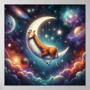 Himmelsbaby-Giraffe schlafend auf Mond und Sternen Poster