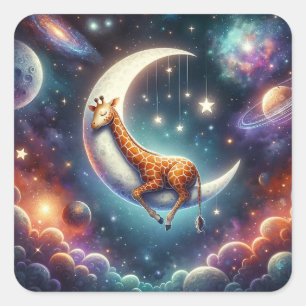 Himmelsbaby-Giraffe schlafend auf Mond und Sternen Quadratischer Aufkleber