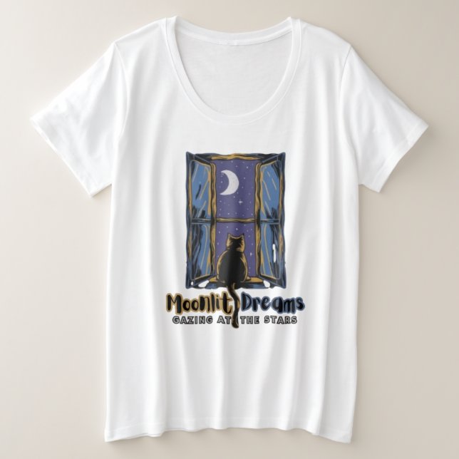 Himmelsblick: Schwarze Katze und Halbmond Große Größe T-Shirt (Design vorne)
