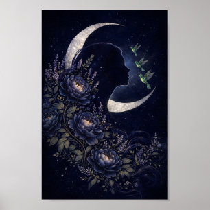 Himmelsfrau-Silhouette mit Blumen und Kolibri Poster