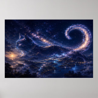 Himmelsgeistkatze unter dem Mond der Galaxie Poster