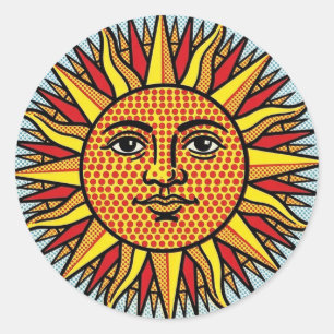 Himmelsgesicht im Pop-Art-Comic-Stil Sonnenstrahle Runder Aufkleber
