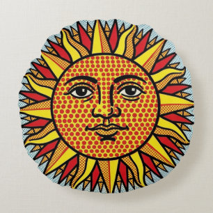 Himmelsgesicht im Pop-Art-Comic-Stil Sonnenstrahle Rundes Kissen