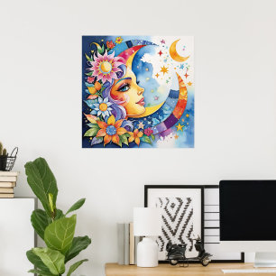 Himmelsharmonie: Mondface Sun & Floral Square Poster