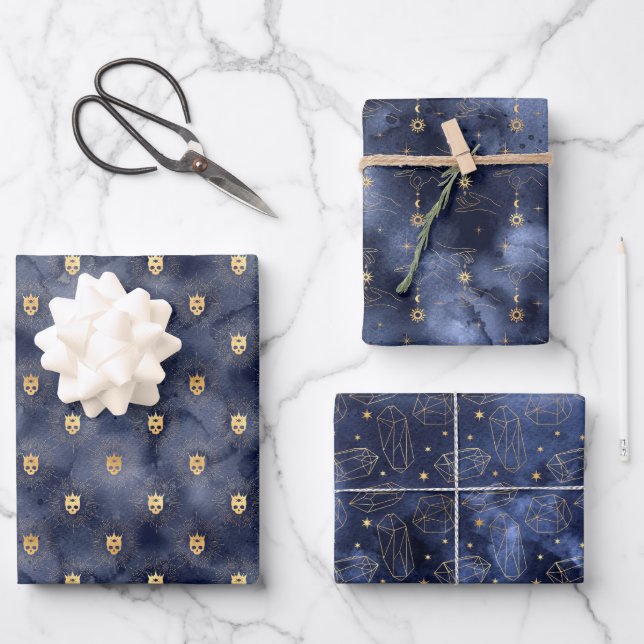 Himmelskies Dark Navy und Gold Wrapping Paper Geschenkpapier Set (Vorderseite)