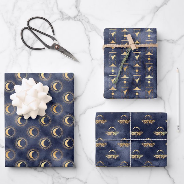 Himmelskies Dark Navy und Gold Wrapping Paper Geschenkpapier Set (Vorderseite)