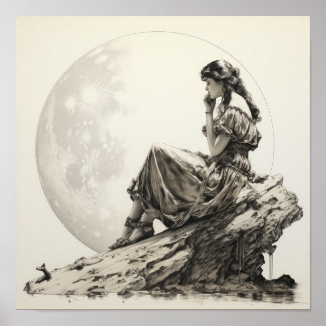 Himmelskontemplationen: Mädchen auf dem Mond Ponde Poster (Vorne)