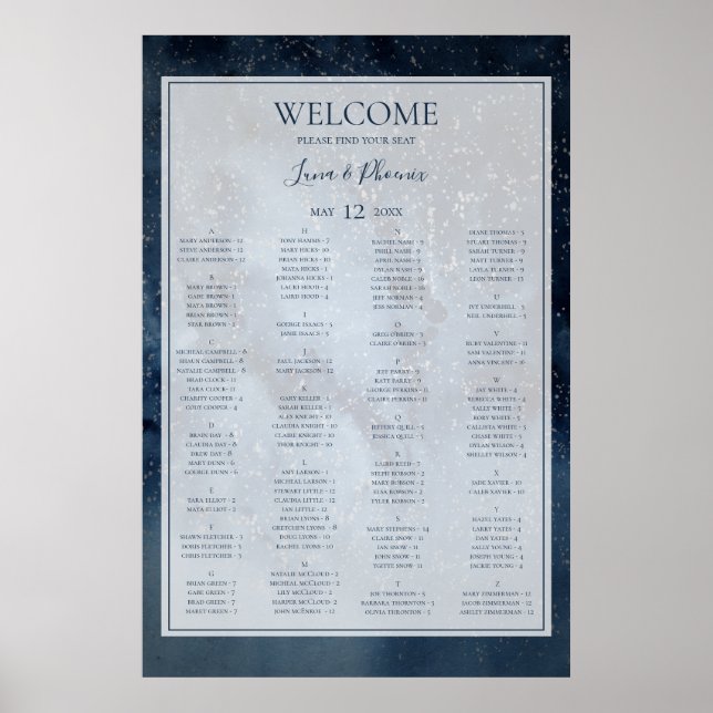 Himmelskörper Gerahmte Alphabetische Sitzkarte Poster (Vorne)
