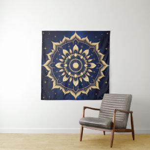 Himmelsmond-Mandala-Teppich Marineblau und Gold Wandteppich