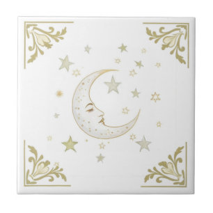 Himmelsmond mit Gesicht & Sterne Gold Weiß Delft Fliese