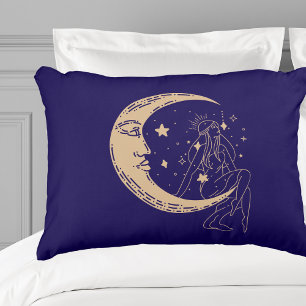 Himmelsmond und Stars, boho, elegantes Gold Dekokissen