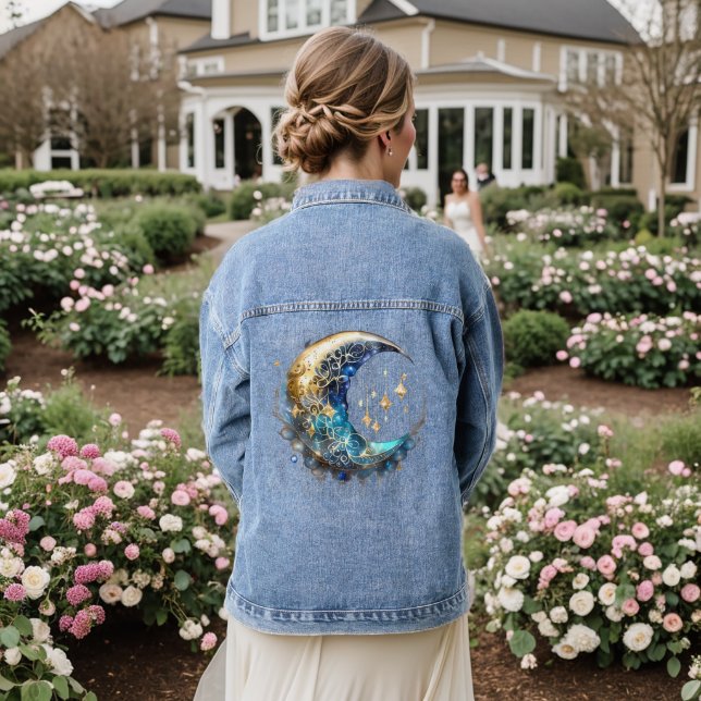 Himmelsmondblau-goldweiß-schick Jeansjacke (Hochzeit Rückseite)