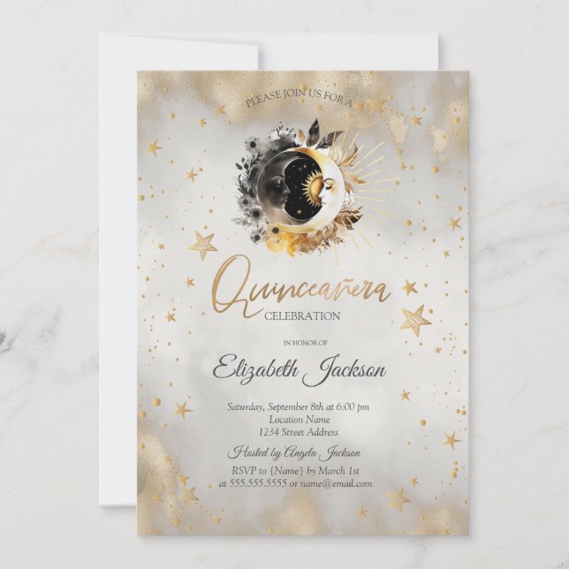 Himmelsmonde, Sterne Blume Quinceanera Einladung (Vorderseite)