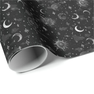 Himmelsmonde & Sterne Geschenkpapier Monochrom