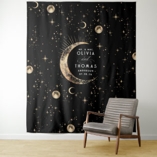 Himmelsschwarz und goldene mystische Hochzeitsszen Wandteppich