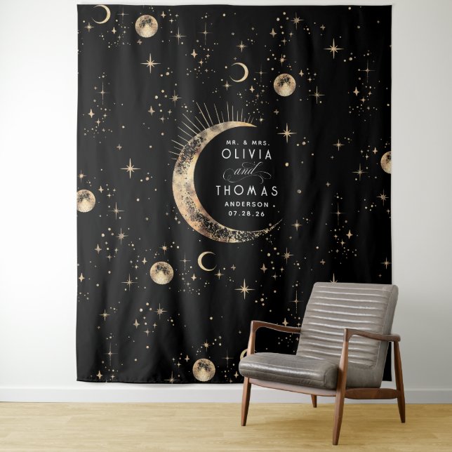 Himmelsschwarz und goldene mystische Hochzeitsszen Wandteppich (Beispiel)