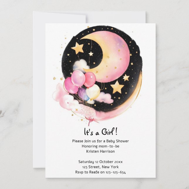 Himmelssegmente: Mond & Stars Baby Girl Dusche Einladung (Vorderseite)