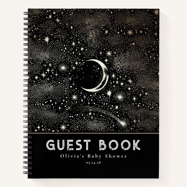 Himmelsstarry Night Moon and Stars Black Notizbuch (Vorderseite)