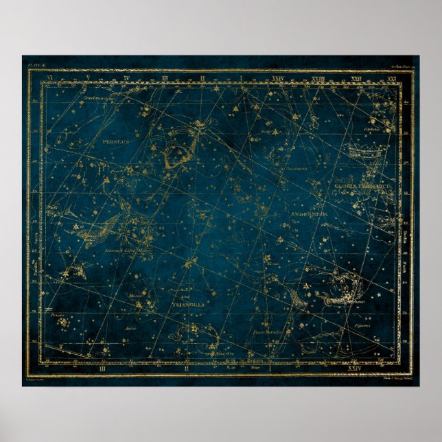 Himmelssternkarte Konstellation blaue Goldgalaxie Poster (Vorne)