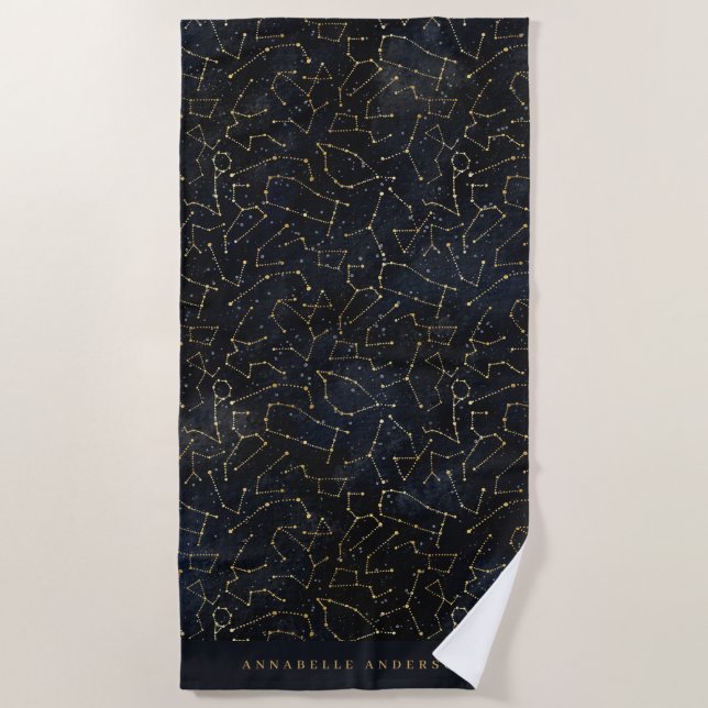 Himmelssternkonstellation Gold und Marineblau Strandtuch (Vorderseite)