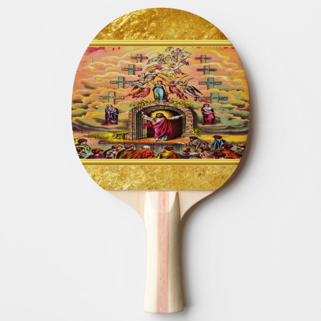 Himmelstor mit goldener Folientextur und Jesus Tischtennis Schläger (Vorderseite)