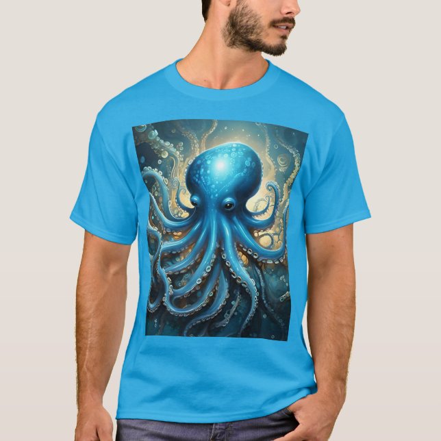 Himmelswellen: Das blaue Octopus-Fraktal Kunst T-Shirt (Vorderseite)