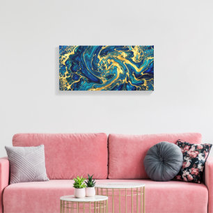 himmliches Gold & Deep Sea Blau Fluid Acryl Abstr Leinwanddruck