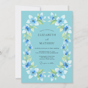 Himmlisch blaue Blumenlorbeer-Hochzeit Einladung