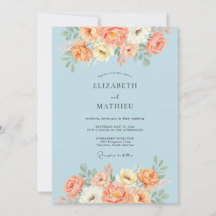 Himmlisch blaue charmante Pfingstrosen-Hochzeit Einladung