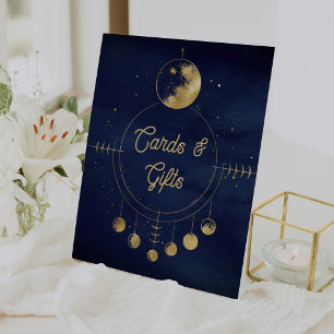 Himmlisch Blaue Goldene Mond Hochzeitskarten und G Sockelschild