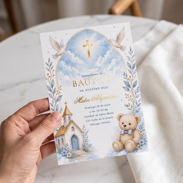 Himmlisch blaue Teddybär-Tauf-Einladung Folieneinladung (Von Creator hochgeladen)