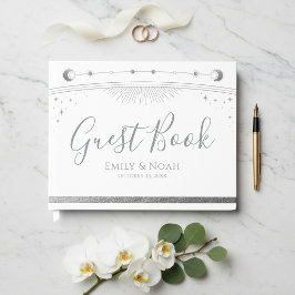 Himmlisch Weiß Silber Sonne Mond Sterne Hochzeit Gästebuch