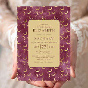 Himmlische Aquarell-Burgunder-Gold-Monde-Hochzeit Einladung